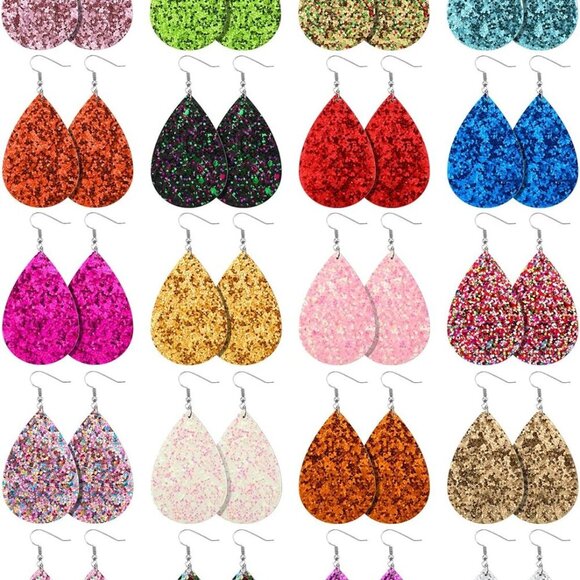Jewelry - 20 Pairs Glitter Teardrop Earrings Bulk Leather Lightweight Leaf Dangle Earring